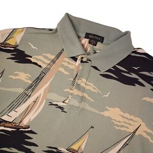 Nautica Polo Shirt‎ Mens Medium Cotton Sailboats All Over Print Sailing Casual